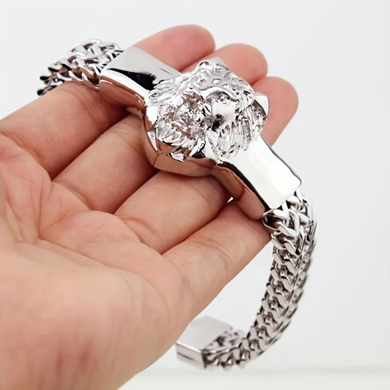 High-quality Stainless Steel Domineering Lion Head 1pc Chain Animal Bracelet - Men's Hip-hop Rock Punk Trend Motorcycle Accessories