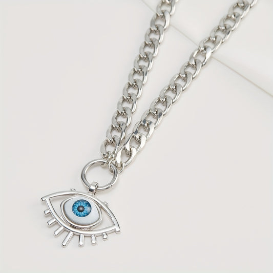 1pc Trend Devil's Eye Pendant Cuban Link Chain Necklace Vacation Style Temperament Clavicle Chain Jewelry