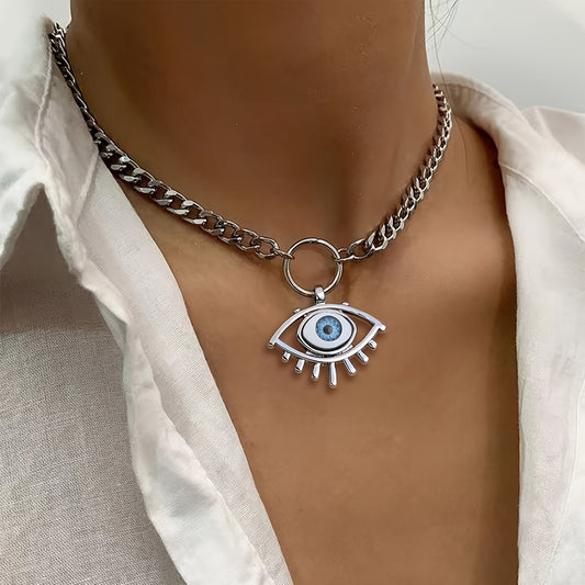 1pc Trend Devil's Eye Pendant Cuban Link Chain Necklace Vacation Style Temperament Clavicle Chain Jewelry